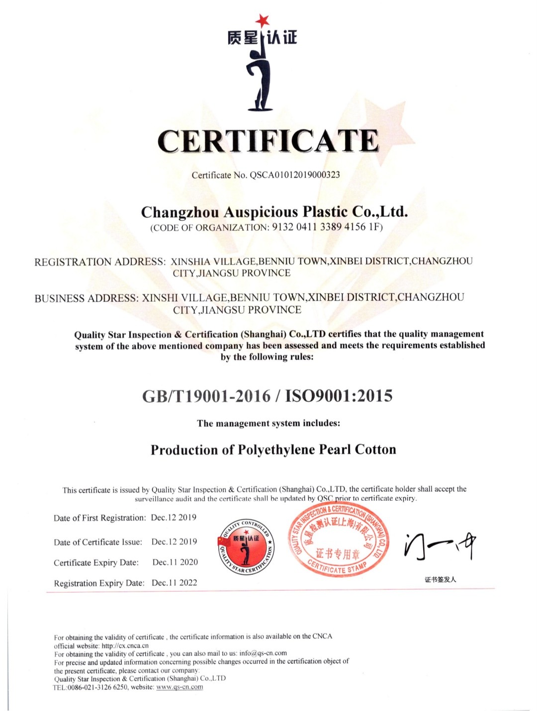 China Changzhou Auspicious Plastic Co., Ltd. Zertifizierungen
